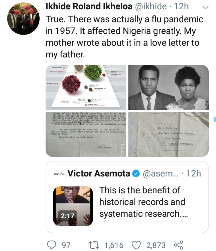 Author, Pa Ikhide shares love letter his mother wrote to his father during the 1957 pandemic that affected Nigeria greatly