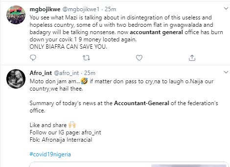 Nigerians react to the fire incident at the office of the Accountant General of the Federation