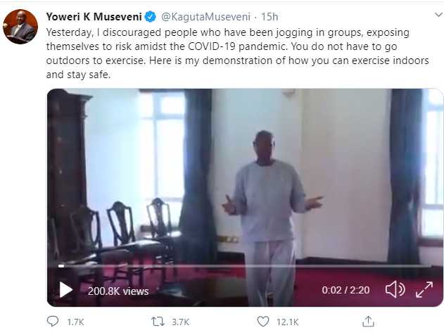 Ugandan President shares video of himself exercising in his office to discourage people breaking the lockdown order to jog (video)