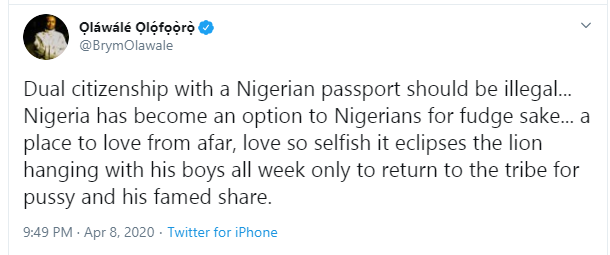 Dual citizenship should be illegal - Brymo 