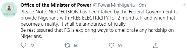 "No decision has been taken by the Federal Government to provide Nigerians with free electricity for 2 months" Power Ministry says