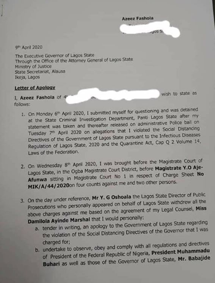 Houseparty: NairaMarley, Babatunde Gbadamosi, write apology letters to Gov. Sanwo-Olu, for violating the social distancing order