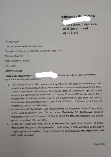 Houseparty: NairaMarley, Babatunde Gbadamosi, write apology letters to Gov. Sanwo-Olu, for violating the social distancing order