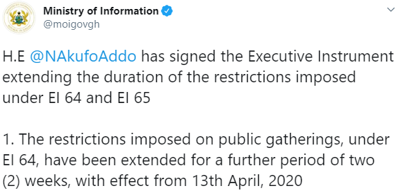 COVID19:  Ghana extends lockdown by one week
