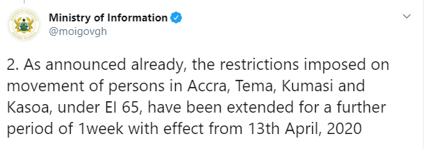 COVID19:  Ghana extends lockdown by one week