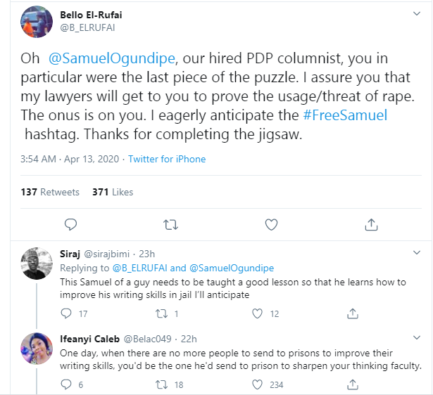 I eagerly anticipate the #FreeSamuel hashtag - El-Rufai