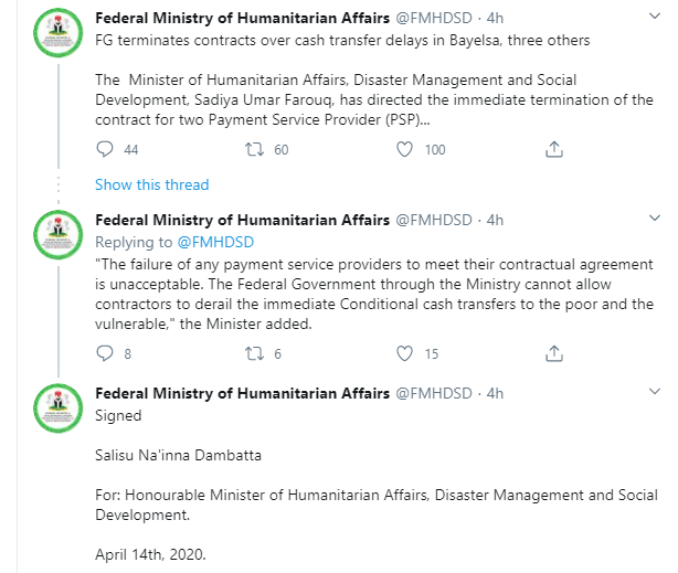 Coronavirus: FG sacks contractors over delay in disbursing cash to poor households