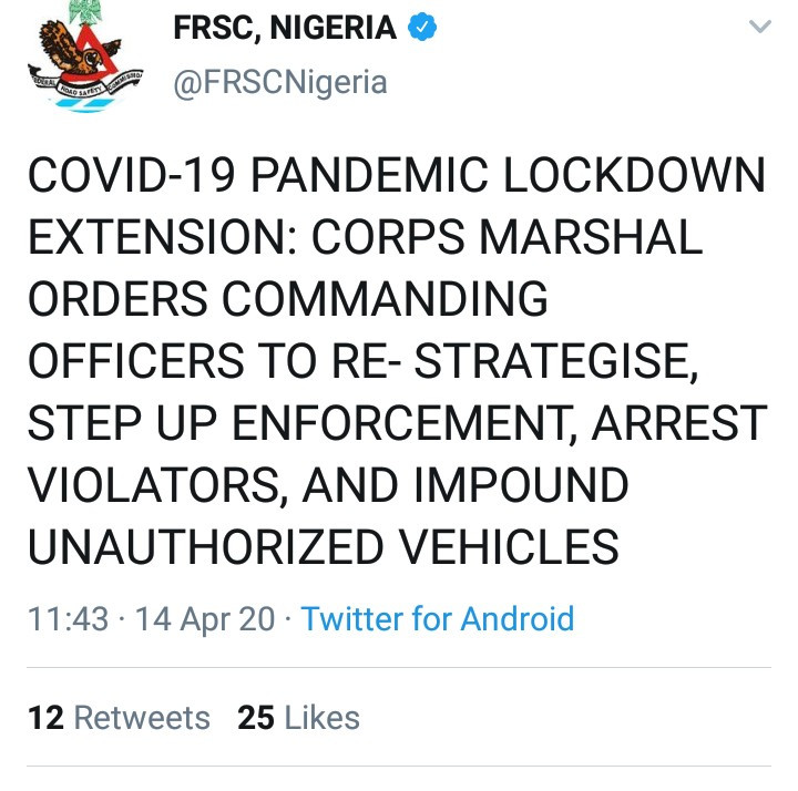 FRSC directs its officers to impound vehicles violating the lockdown order