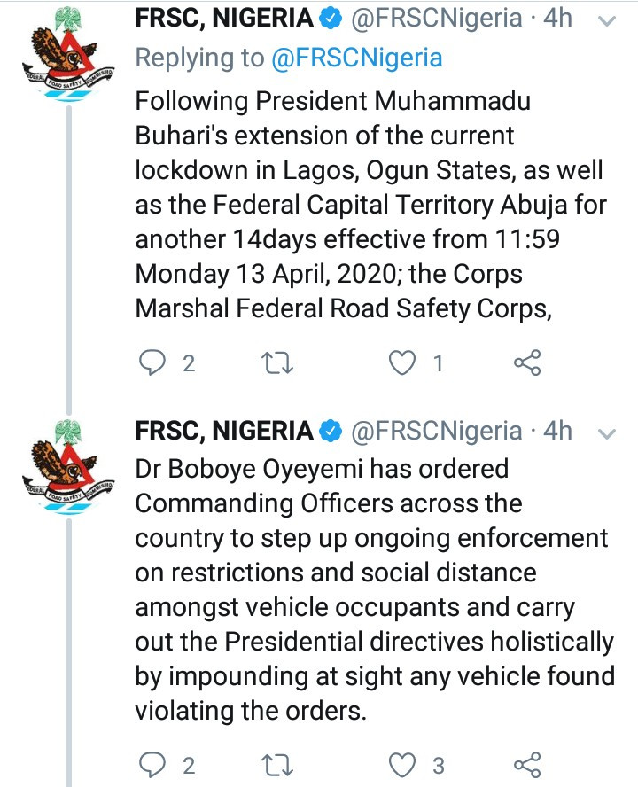 FRSC directs its officers to impound vehicles violating the lockdown order