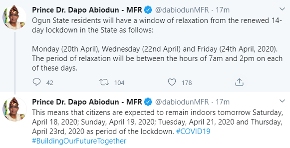 Ogun state to relax presidential lockdown order as it discharges six more COVID-19 patients