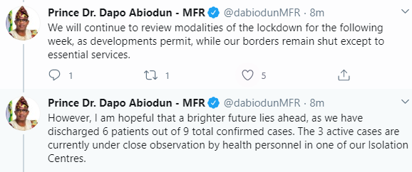 Ogun state to relax presidential lockdown order as it discharges six more COVID-19 patients