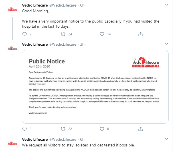 All those who recently visited Vedic Lifecare in Lekki advised to self-isolate as two hospital staff test positive for Coronavirus 