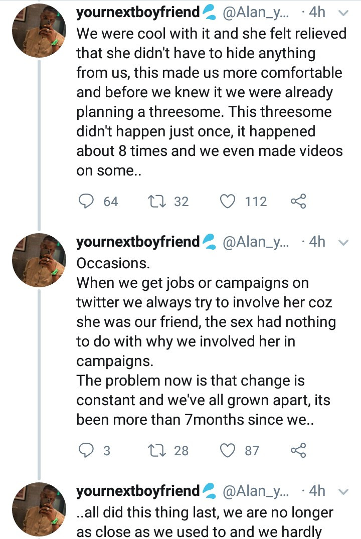 Two male Twitter influencers release sextape of a female Twitter influencer who allegedly had threesome with them 8 times