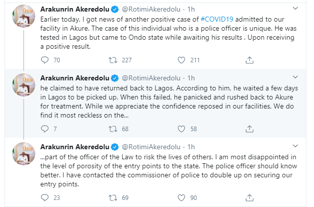 Governor Akeredolu expresses disappointment with porosity of state borders as policeman from Lagos tests positive for Coronavirus in Ondo 