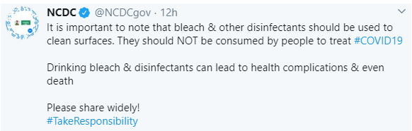 NCDC warns Nigerians against drinking bleach to treat COVID-19