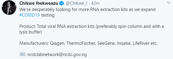 We?re desperately looking for more RNA extraction kits- NCDC boss, Chikwe Ihekweazu says