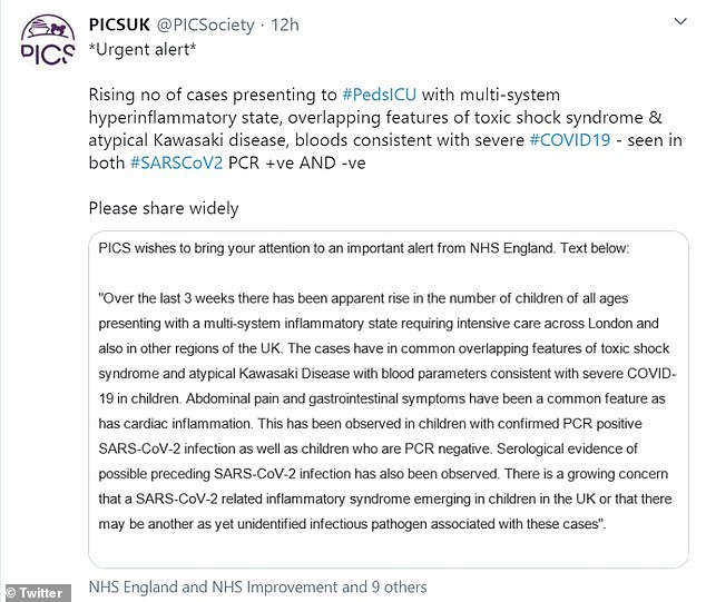 NHS issues urgent alert as children are being admitted to intensive care with a new Coronavirus-related 