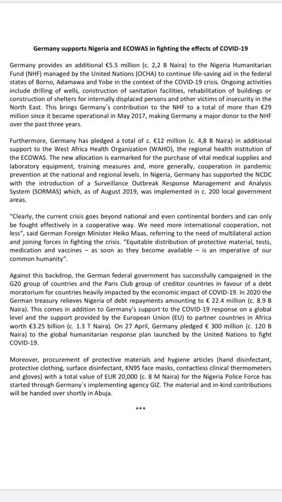 Germany donates additional ?5.5m to Nigeria to support in its response to the Coronavirus pandemic 