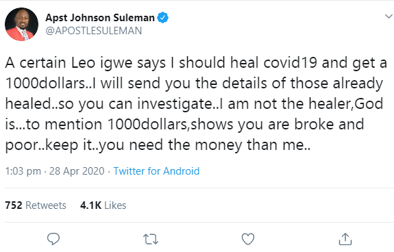 Apostle Suleman responds to Leo Igwe, director of Witches advocacy group who challenged him to heal a COVID-19 patient and get ,000 reward