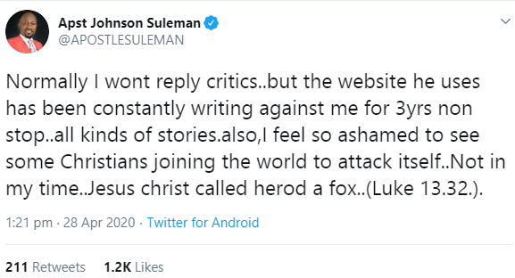 Apostle Suleman responds to Leo Igwe, director of Witches advocacy group who challenged him to heal a COVID-19 patient and get ,000 reward