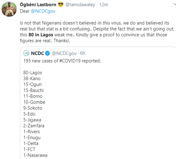 #Extendthelockdown trends as Nigerians react in shock to 195 new cases of Coronavirus recorded on Tuesday