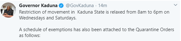 Kaduna state government relaxes lockdown order amid Coronavirus pandemic 