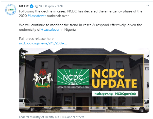 Emergency phase for Lassa Fever outbreak is over  ? NCDC