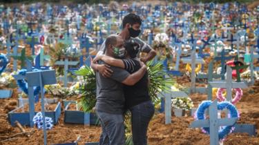 Relatives of a deceased person wearing protective masks mourn during a mass burial of coronavirus in Manaus