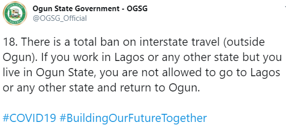 Ogun state residents who work in Lagos will not be allowed to leave the state - Ogun state government announces as lockdown ease begins on May 4