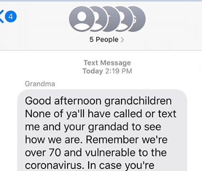 See the savage text message a grandma sent to her grand children after they failed to check up on her and their granddad amid the COVID-19 crisis