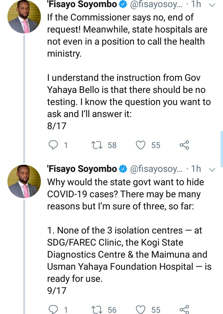 Journalist, Fisayo Soyombo accuses Kogi Government of covering up COVID-19 cases and deaths in the state as he narrates shocking incidents at FMC Lokoja