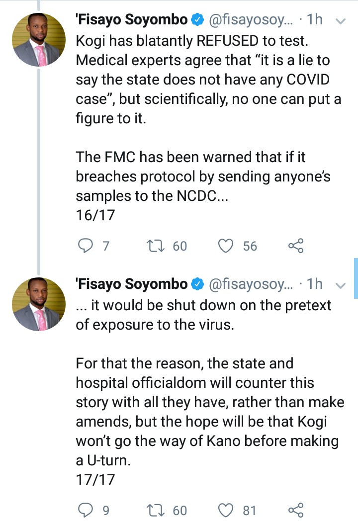 Journalist, Fisayo Soyombo accuses Kogi Government of covering up COVID-19 cases and deaths in the state as he narrates shocking incidents at FMC Lokoja