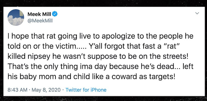 Meek Mill says Tekashi 6ix9ine should apologize for being a 