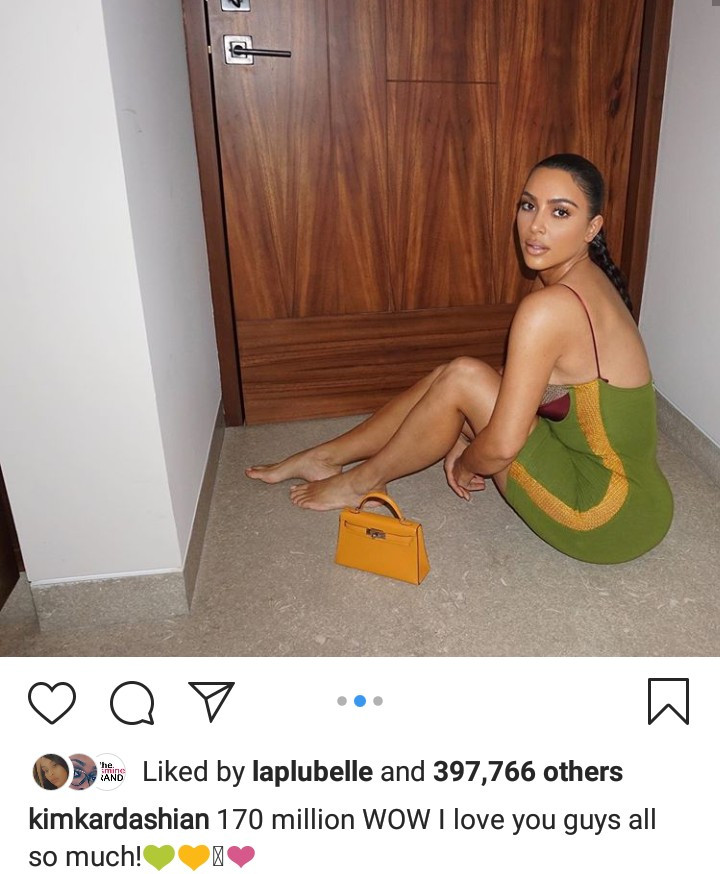 Kim Kardashian celebrates 170 Million Instagram followers by releasing new photos of her in a figure hugging, cleavage-baring, low-cut dress