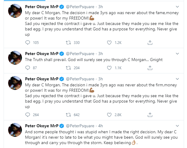 You rejected the contract I gave you because they made you see me like the bad egg - Peter Okoye reminds Cynthia Morgan after she narrated 