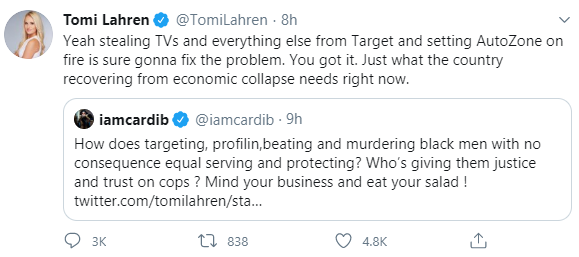 Cardi B slams American commentator Tomi Lahren for her tweets condemning looting and rioting during protests to demand justice for George Floyd