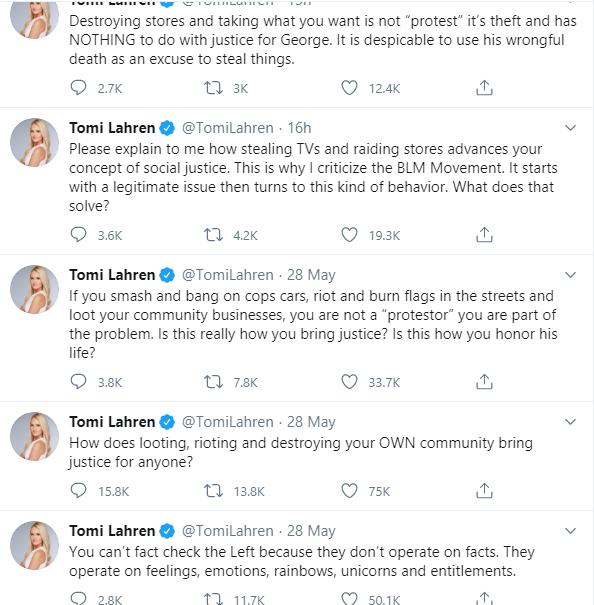 Cardi B slams American commentator Tomi Lahren for her tweets condemning looting and rioting during protests to demand justice for George Floyd