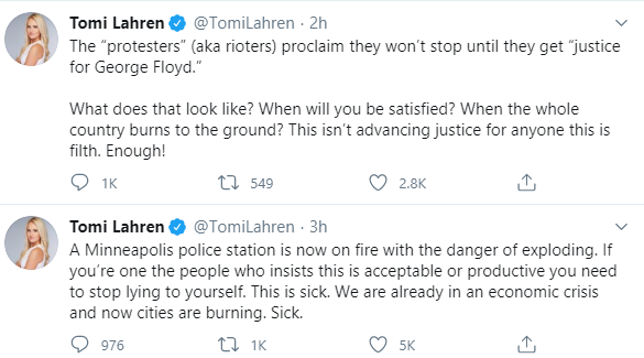 Cardi B slams American commentator Tomi Lahren for her tweets condemning looting and rioting during protests to demand justice for George Floyd