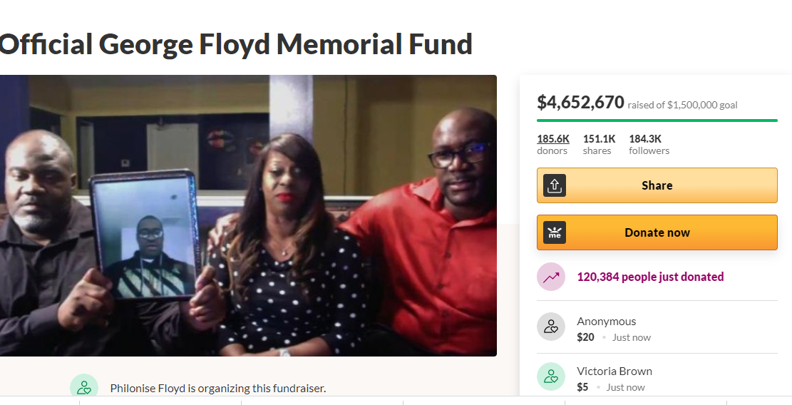 GoFundMe created for the memorial fund of George Floyd has now raised over $4.6 million in just three days
