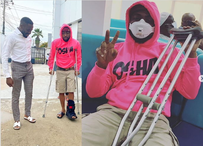 Davido fractures his leg, now using crutches ?(photos)