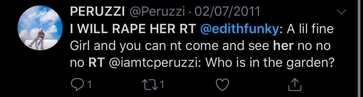 Peruzzi reacts after his old tweets were dug up to show him boasting about raping women