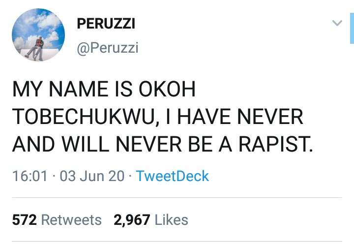 Peruzzi reacts after his old tweets were dug up to show him boasting about raping women