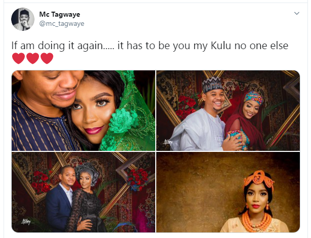 If I?m doing it again, it has to be you ? MC Tagwaye pens down love post to Buhari aide?s daughter after their wedding  (photos)