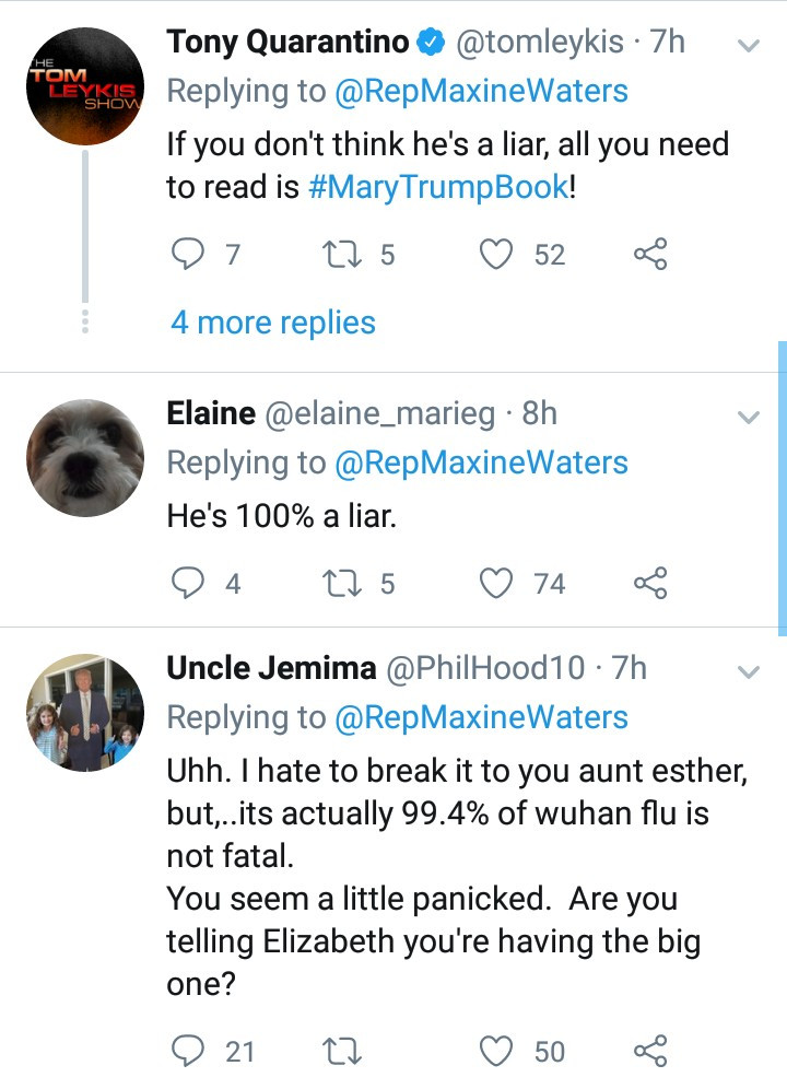 "Trump is a 99% LIAR" - Rep Maxine Waters slams the US president for his comments on COVID-19 being "harmless"