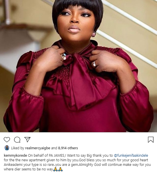 Funke Akindele gifts Pa James an apartment after flood took over his home for the second year in a row
