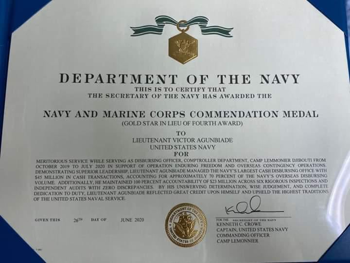 US Navy honours Nigerian man, Lt Victor Agunbiade for accountability 