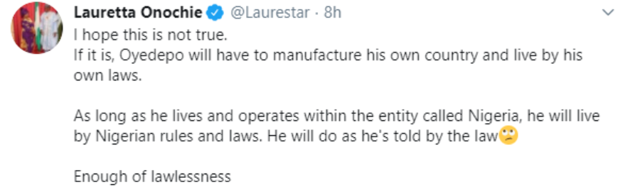 As long as Oyedepo lives and operates within the entity called Nigeria, he will live  by Nigerian rules and laws - Lauretta Onochie