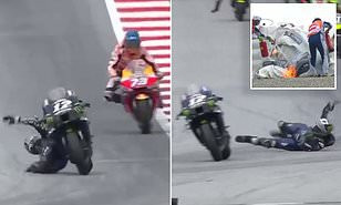 Shocking moment MotoGP rider Maverick Vinales instantly jumped off his bike at 125mph to avoid massive crash after his brakes failed him (photos/Video)