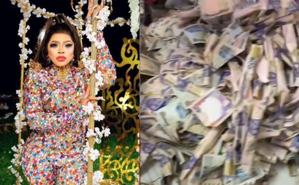 Bobrisky shows off the three bags of money he went home with after the money rain at his secret  birthday party (video)