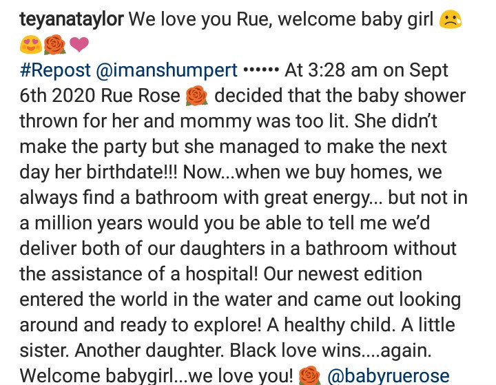 Teyana Taylor?and?Iman Shumpert welcome their second child hours after baby shower